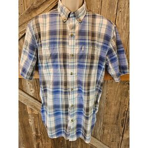 Gh bass sz large fishing shirt blue plaid men's made in USA shoet sleeve *FLAW*